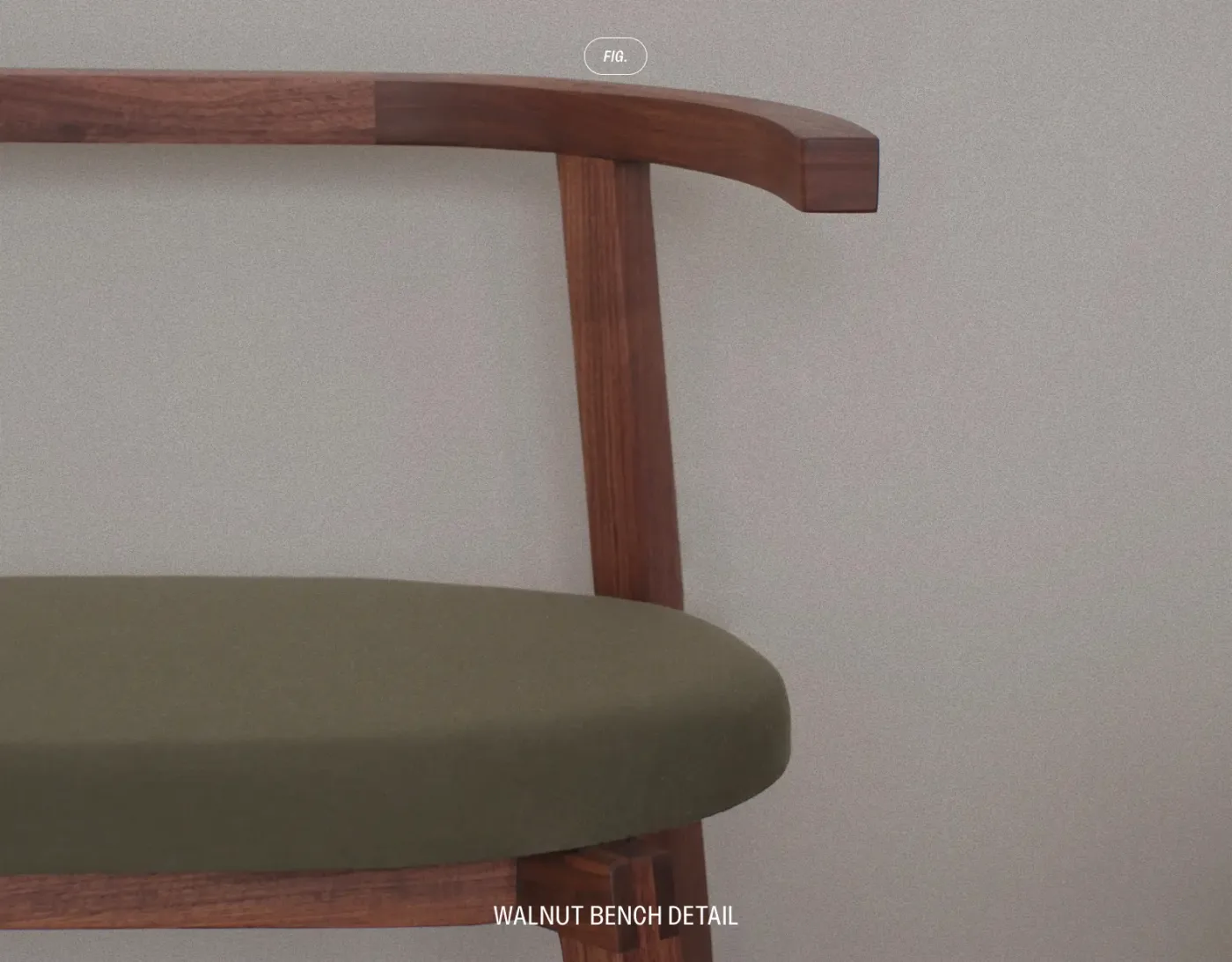 Detail of a walnut bench: a curved armrest and back post above a round, olive green upholstered seat.