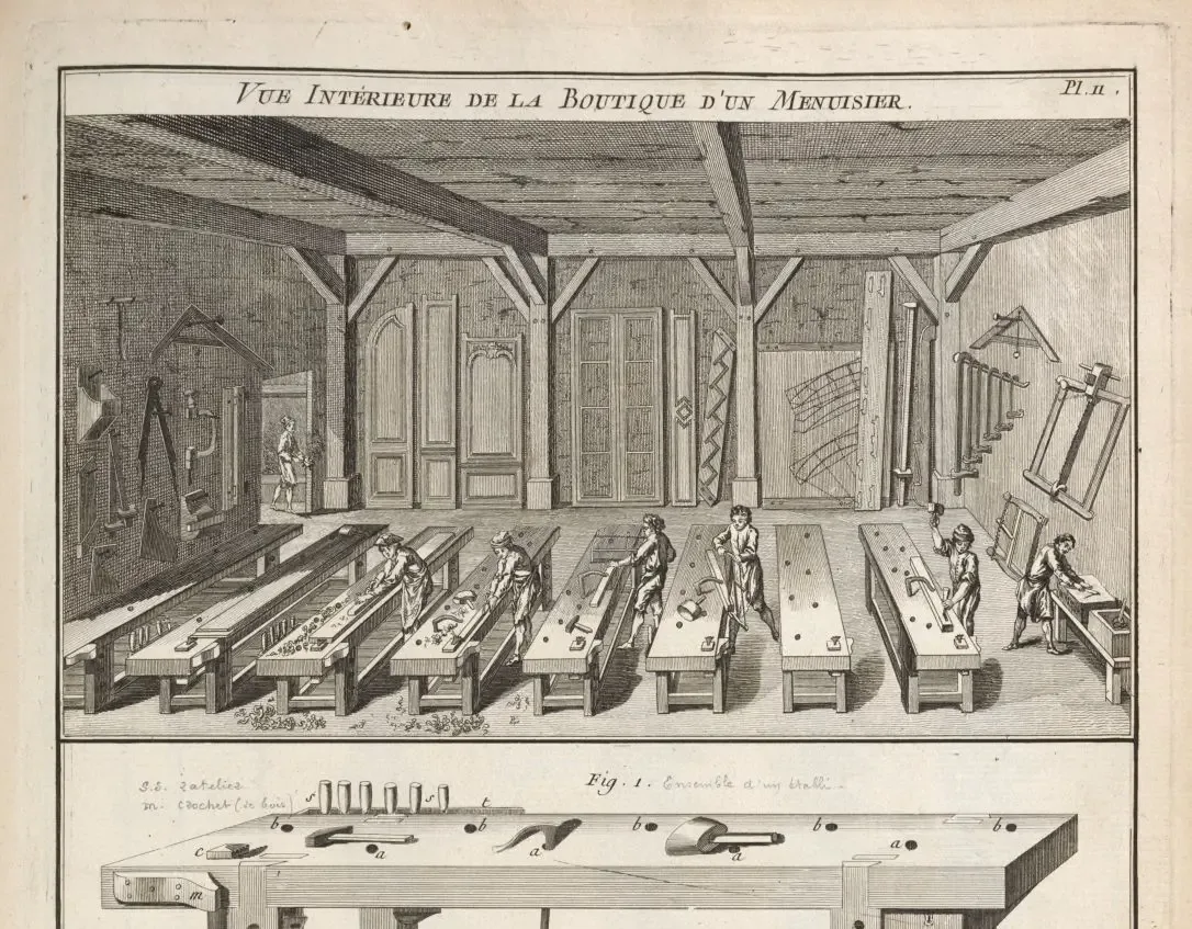 An engraving of a joiner’s workshop, with craftsmen planing boards at a long row of workbenches, and a detailed drawing of a workbench below.