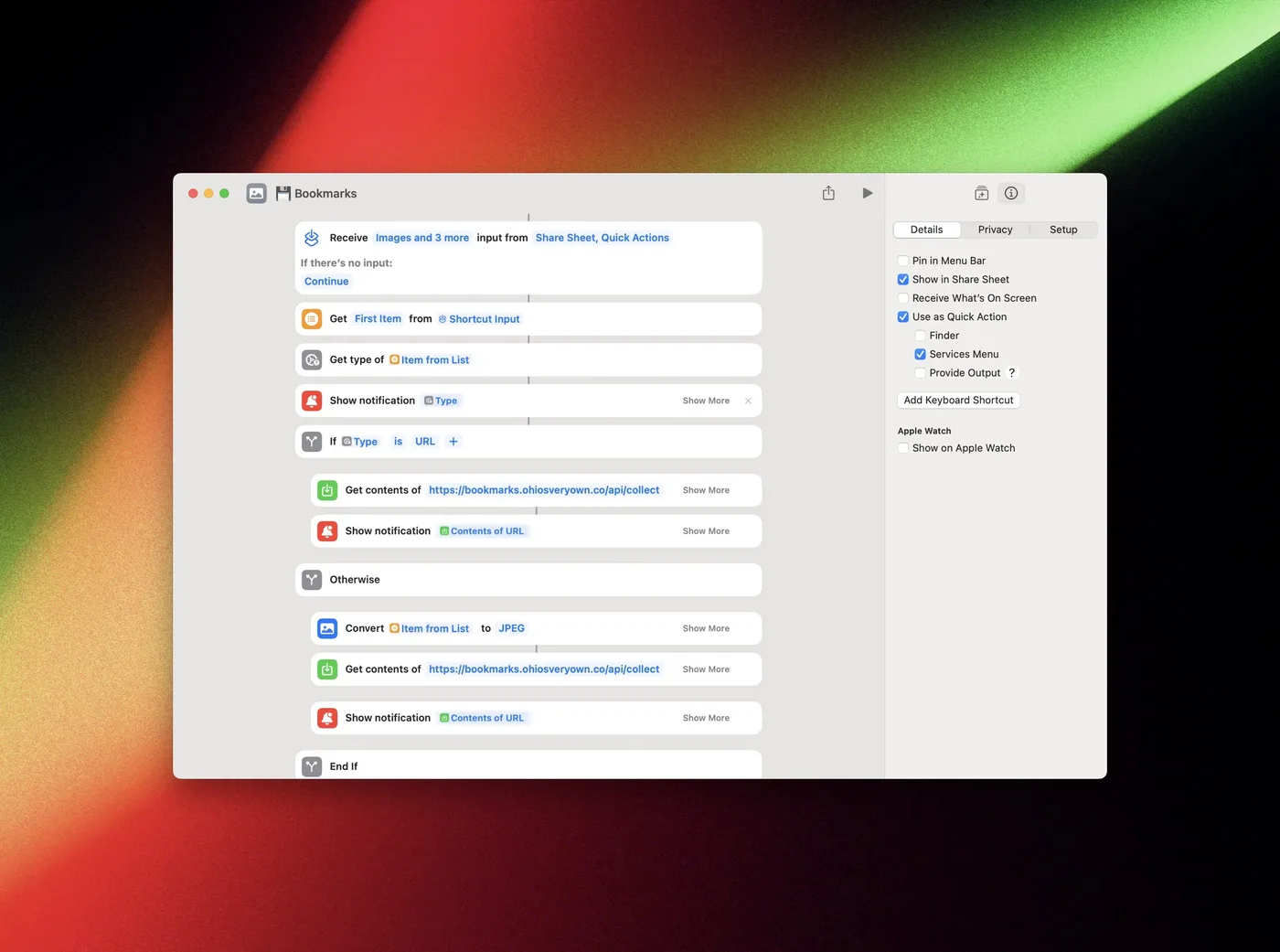 The Shortcuts app on a Mac, showing a shortcut named Bookmarks that receives images and links from the share sheet, checks whether the item is a URL, and sends it to bookmarks.ohiosveryown.co/api/collect.