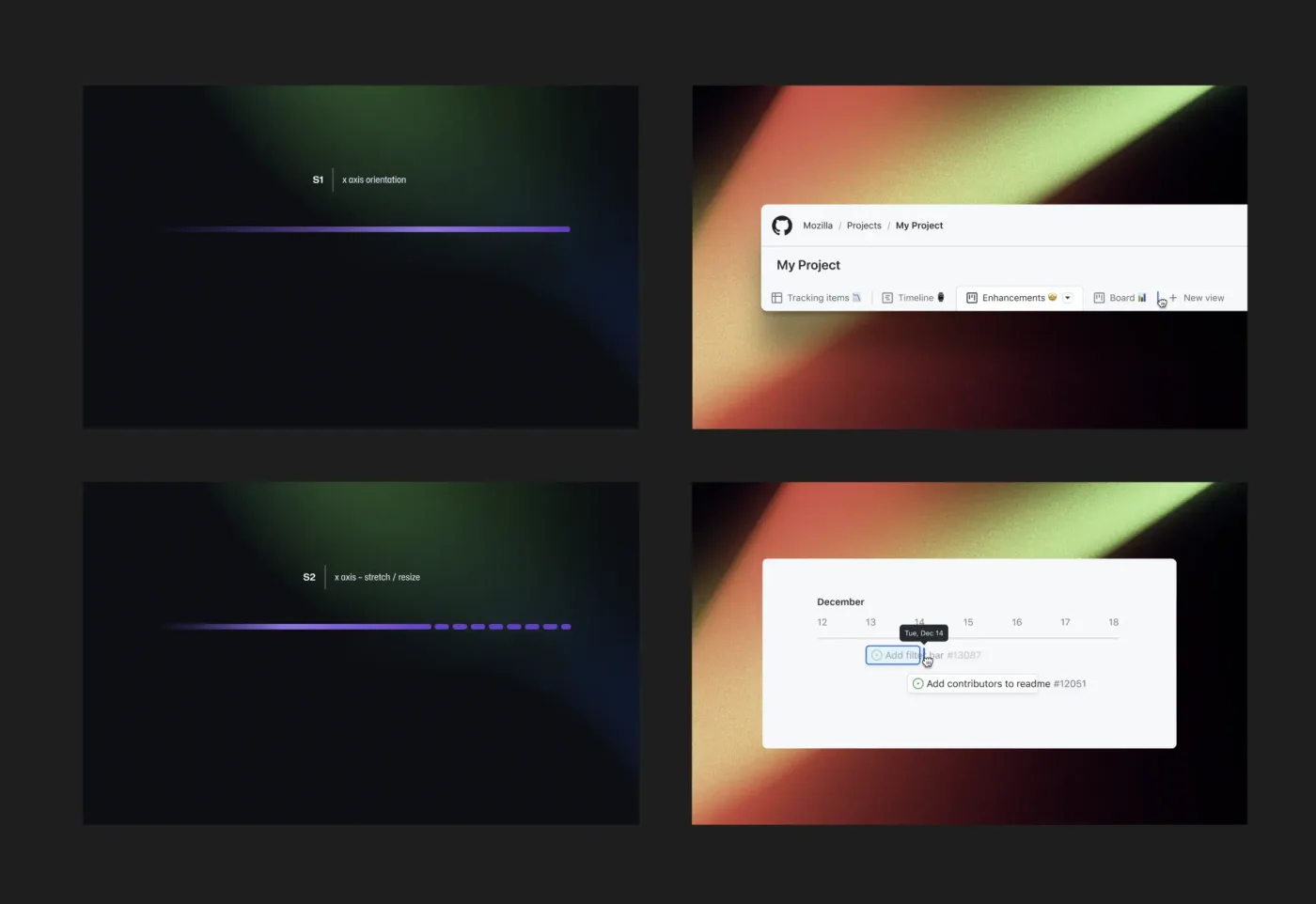Four panels pairing a line sketch of a direction, a horizontal axis and a snapping axis, with the GitHub interfaces where items move that way: a project’s view tabs and a calendar.