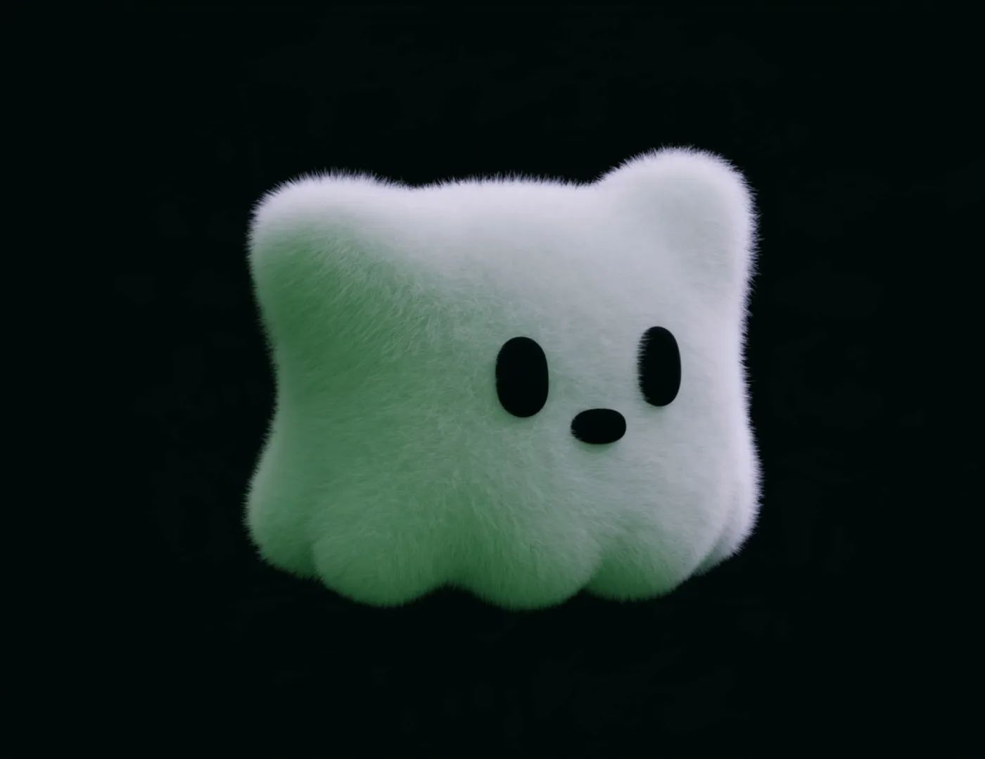 Mallow, a small, square, fluffy white creature with big black oval eyes and a little nose, on a black background.