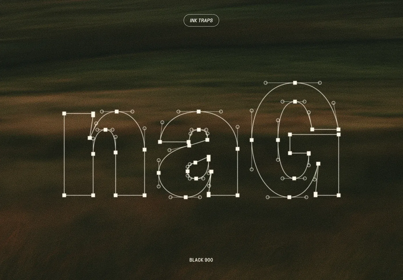 The letters “naG” in Blush Black 900, drawn as outlines with their Bézier points showing, and ink traps cut where the strokes meet.