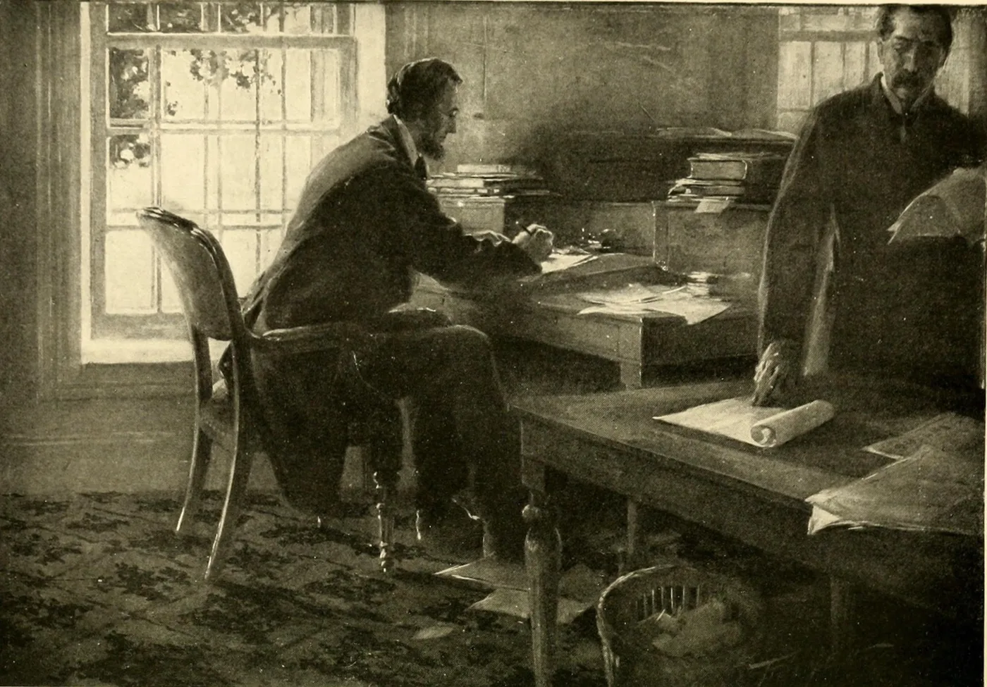 A drawing of Lincoln seated at a desk by a tall window, writing, while a man stands at a table nearby reading a paper.