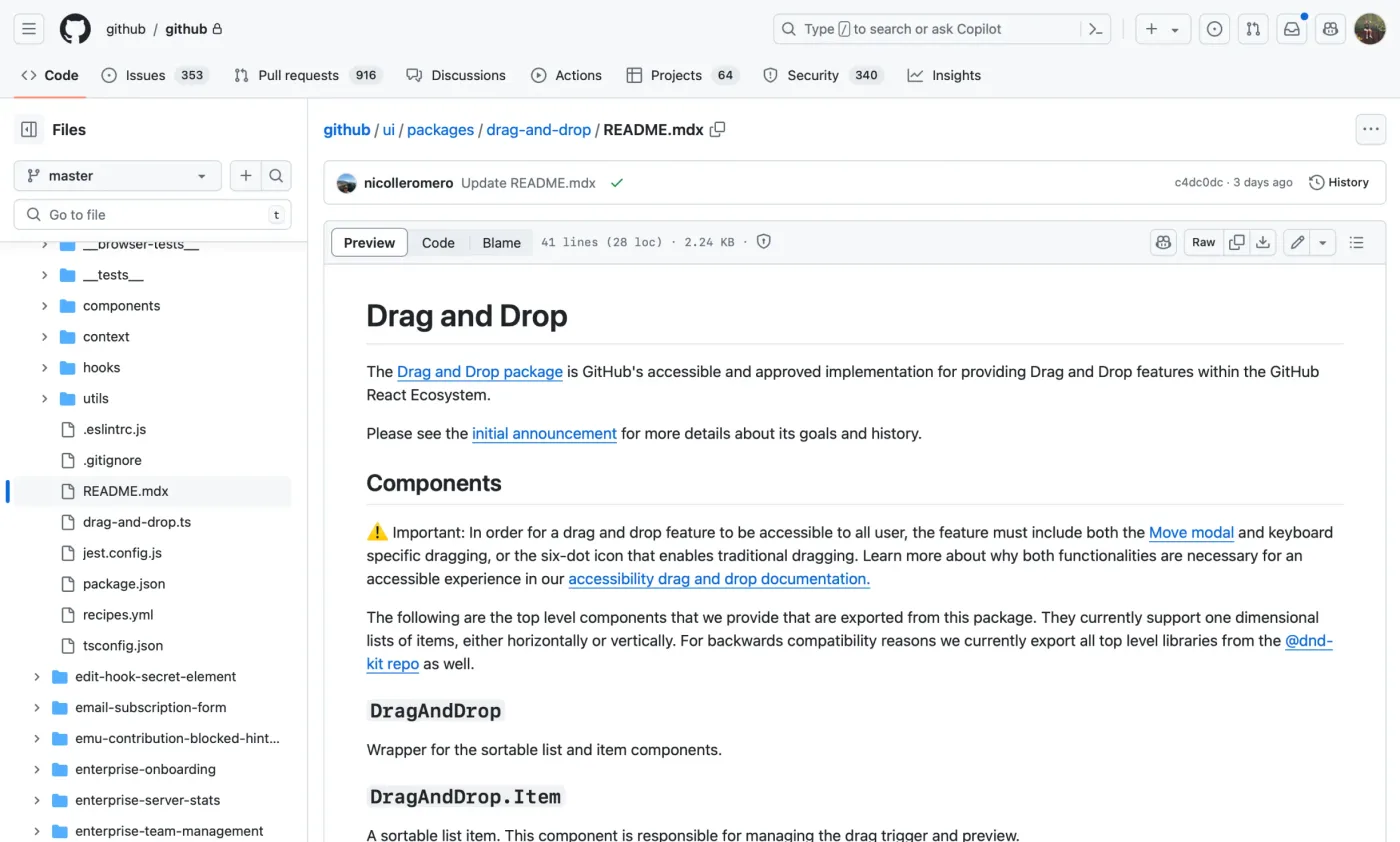 The README for GitHub’s Drag and Drop package, describing it as GitHub’s accessible implementation of drag and drop and noting that every feature needs both a move dialog and keyboard dragging.
