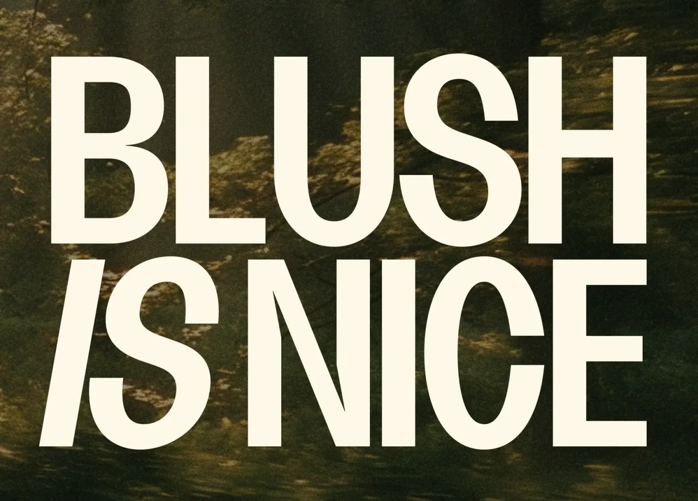 The Blush title card, reading “Blush is nice” in large cream capitals over a blurred green landscape.