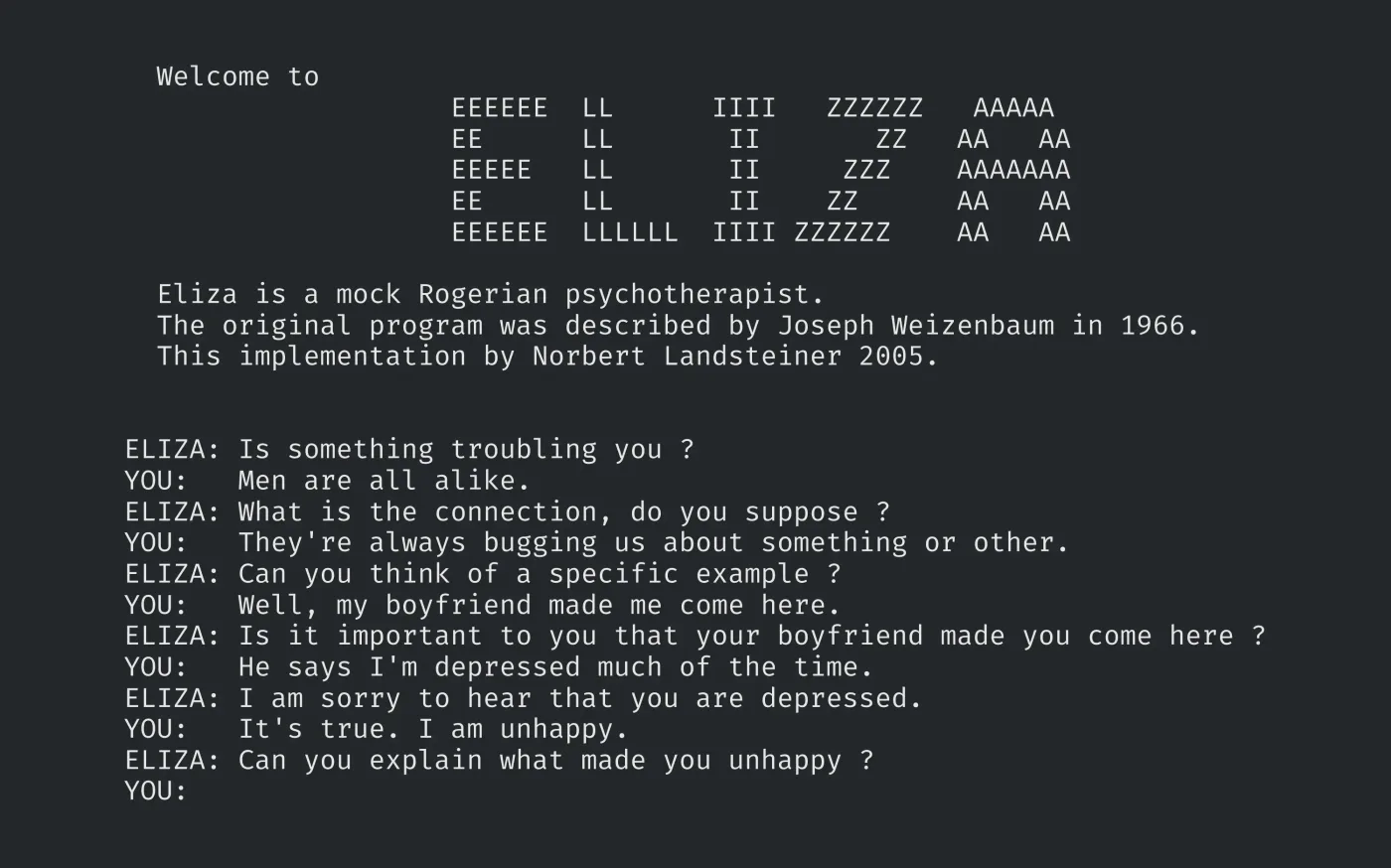 A terminal screen welcoming the user to ELIZA, followed by the start of a conversation: “Men are all alike.” “What is the connection, do you suppose?”