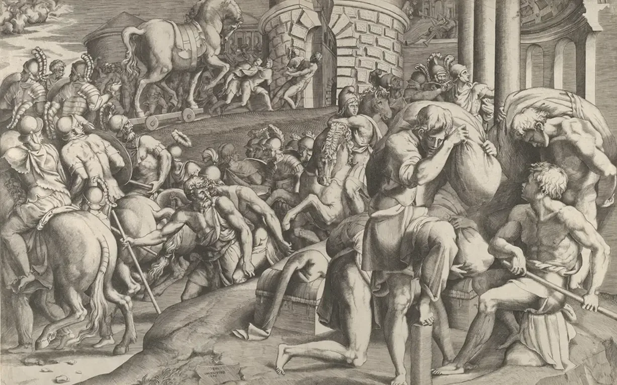 An engraving of a crowd of Trojans and horsemen hauling the wooden horse on rollers toward the city walls.