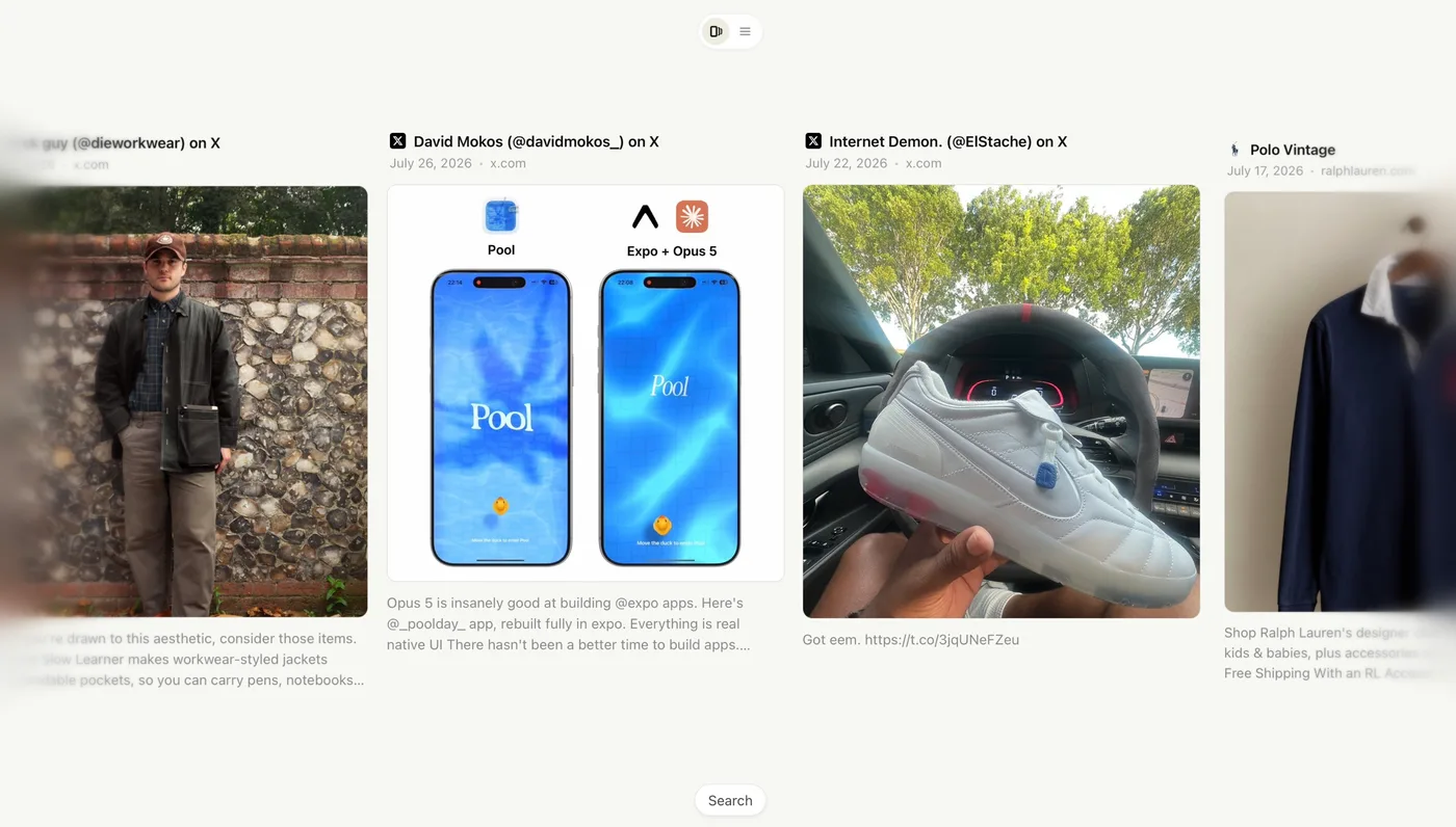 A horizontal row of bookmark cards on an off-white page: a man in a work jacket against a flint wall, two phones showing an app called Pool, a white sneaker held up in a car, and a navy polo shirt, with a Search pill at the bottom.