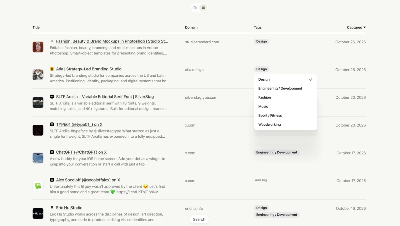 A table of saved bookmarks with columns for title, domain, tags and date captured, and a menu open listing the tags Design, Engineering / Development, Fashion, Music, Sport / Fitness and Woodworking.